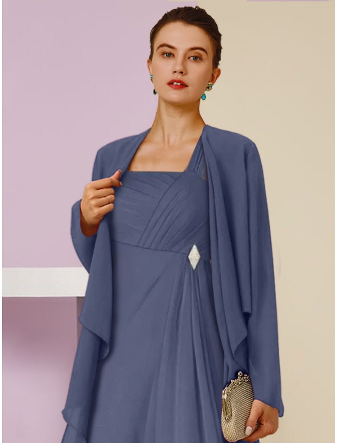 Wholesa  A-Line Mother of the Bride Dress Wedding Guest Elegant Square Neck Ankle Length Chiffon Long Sleeve with Crystal Brooch Ruching