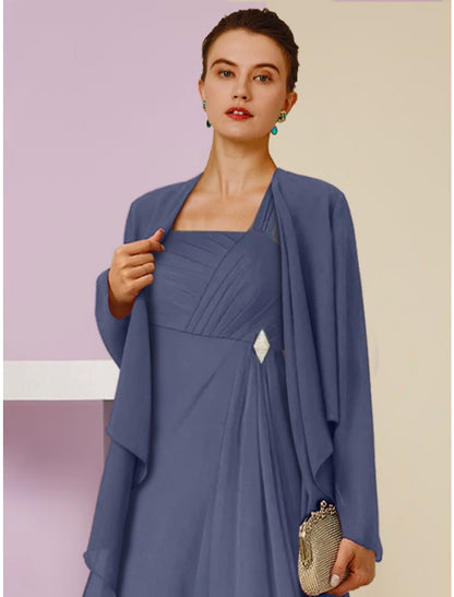 Wholesa  A-Line Mother of the Bride Dress Wedding Guest Elegant Square Neck Ankle Length Chiffon Long Sleeve with Crystal Brooch Ruching