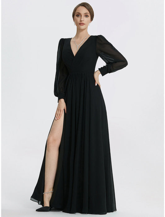 Wholesa  A-Line Evening Gown Elegant Dress Formal Floor Length Long Sleeve V Neck Chiffon with Slit