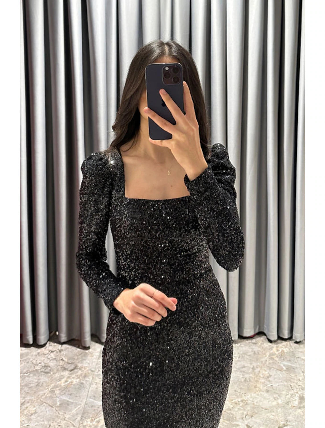 Wholesa Sheath / Column Evening Gown Elegant Black Dress Formal Fall Tea Length Long Sleeve Square Neck Sequined with Glitter Slit