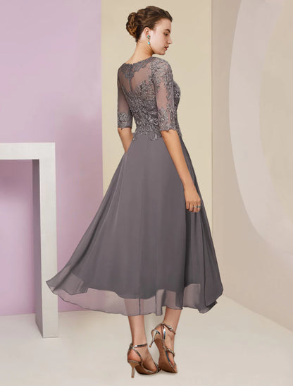 Wholesa  Two Piece A-Line Mother of the Bride Dress Formal Wedding Guest Elegant Scoop Neck Tea Length Chiffon Lace Half Sleeve Wrap Included with Beading Sequin Appliques