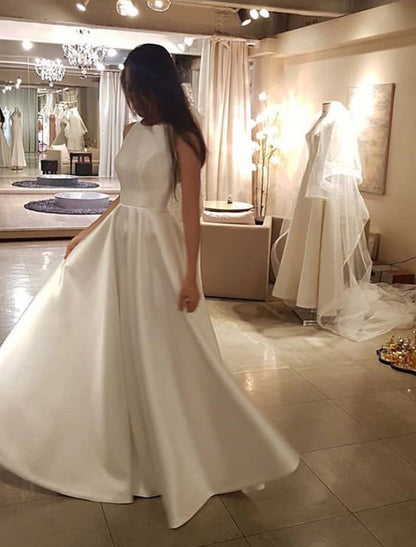 Wholesale Reception Casual Wedding Dresses A-Line Scoop Neck Sleeveless Sweep / Brush Train Satin Bridal Gowns With Solid Color Summer Wedding Party