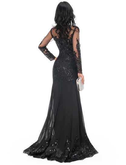 Wholesa Mermaid Black Dress Evening Gown Sequin Prom Dress Sparkle Formal Gown Sweep / Brush Train Long Sleeve Illusion Neck Lace with Appliques