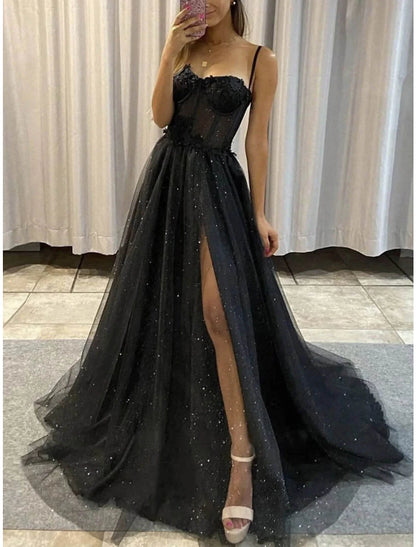 wholesale  A-Line Prom Dresses Glitter Black Wedding Dresses Formal Gothic Dress Floor Length Sleeveless Sweetheart Spaghetti Tulle with Slit