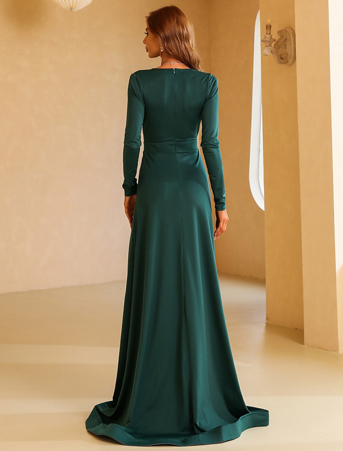 Aimishang  A-Line Evening Gown Vintage Dress Wedding Guest Christmas Red Green Dress Sweep / Brush Train Long Sleeve V Neck Polyester with Slit Pure Color
