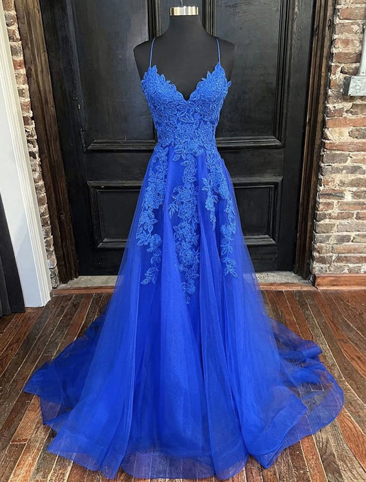 Wholesa A-Line Prom Dresses Open Back Dress Formal Prom Court Train Sleeveless V Neck Tulle Backless V Back with Beading Appliques