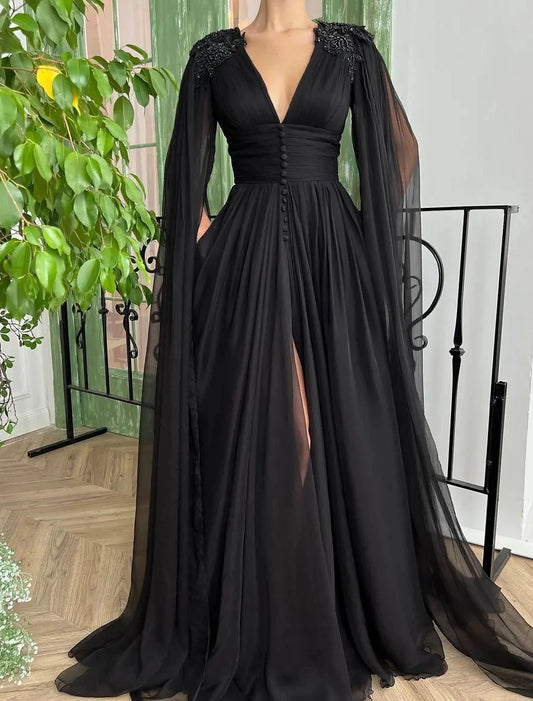 Wholesa A-Line Evening Gown Black Dress Formal Masquerade Court Train Long Sleeve V Neck Wednesday Addams Family Chiffon with Buttons Slit Appliques