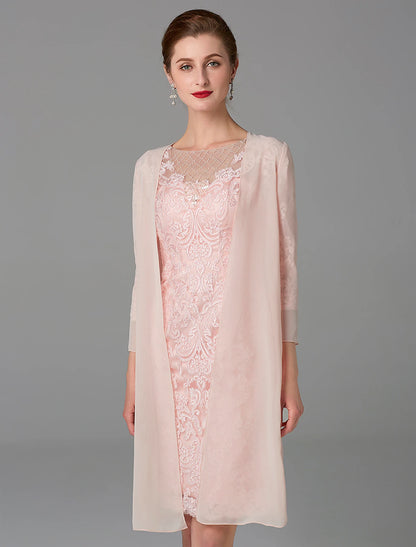 wholesale Two Piece Sheath / Column Mother of the Bride Dress Church Sparkle & Shine Jewel Neck Knee Length Chiffon Lace 3/4 Length Sleeve Jacket Dresses with Beading Appliques