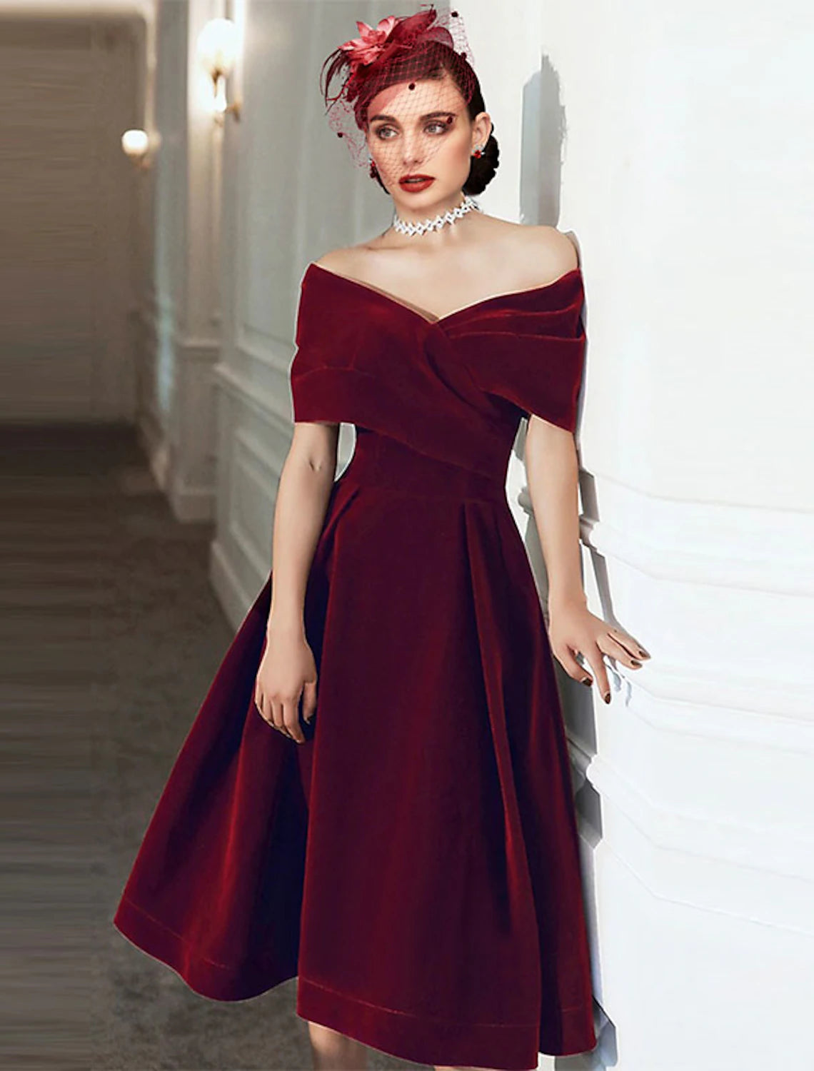 wholesale  A-Line Cocktail Dresses 1950s Dress Fall Wedding Guest Dress Knee Length Short Sleeve Off Shoulder Velvet with Pleats Pure Color