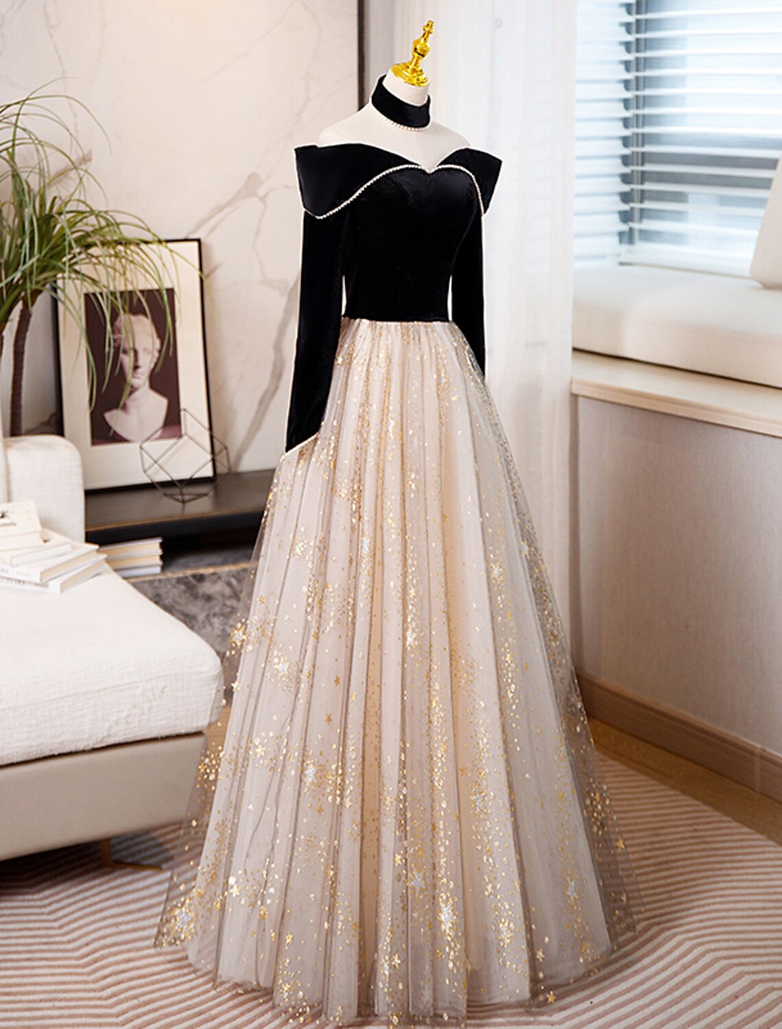 wholesale   A-Line Prom Dresses Sparkle & Shine Dress Engagement Floor Length Long Sleeve Sweetheart Tulle with Sequin