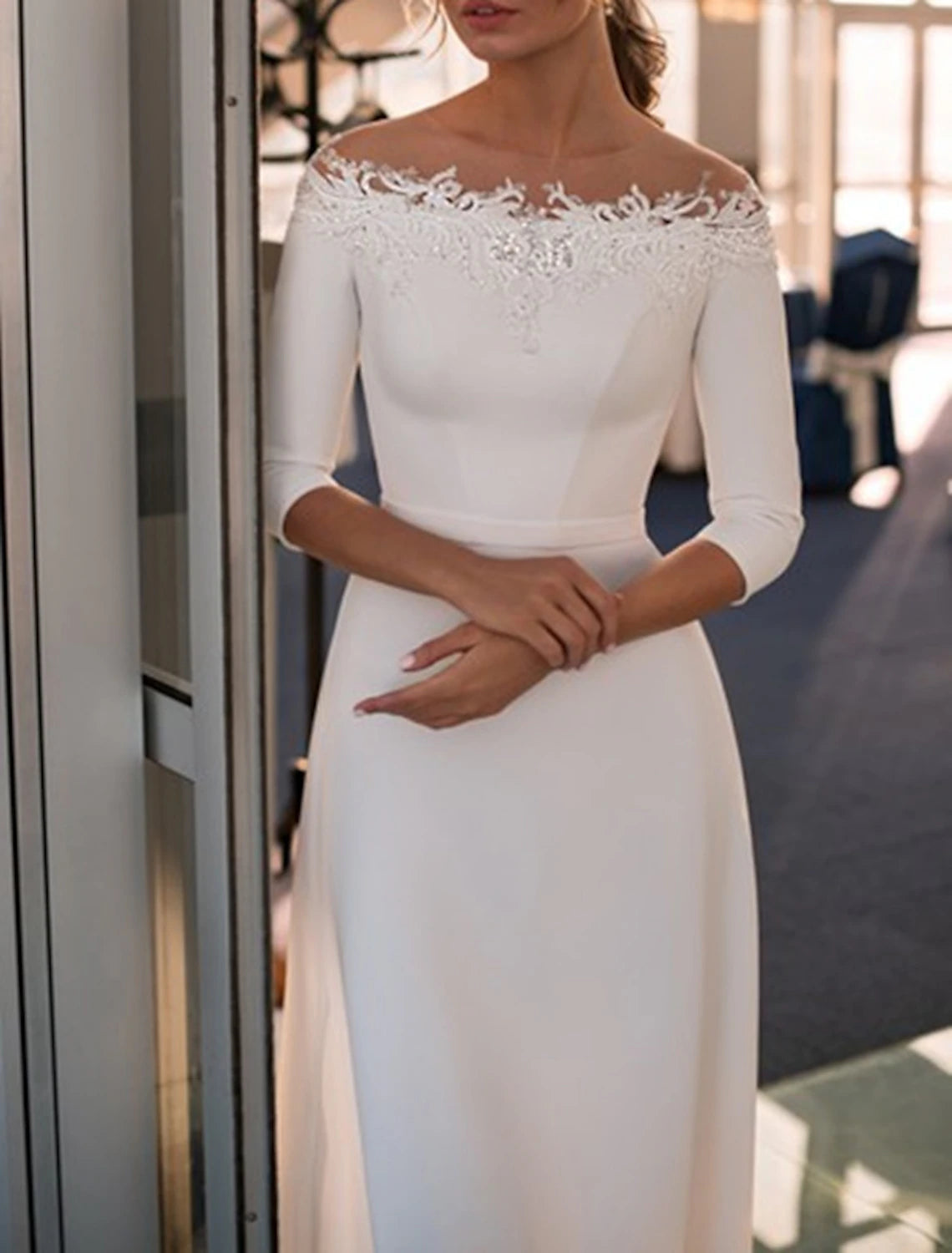 Wholesa Engagement Formal Wedding Dresses A-Line Off Shoulder 3/4 Length Sleeve Sweep / Brush Train Lace Bridal Gowns With Appliques Solid Color