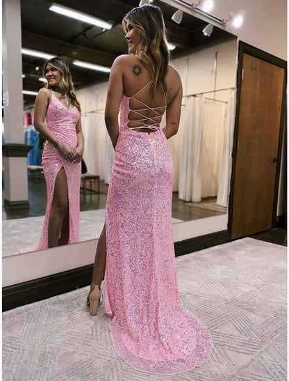 wholesale Mermaid / Trumpet Prom Dresses Sparkle & Shine Dress Formal Sweep / Brush Train Sleeveless V Neck Sequined Backless with Sequin Slit