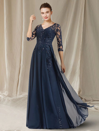 wholesale A-Line Mother of the Bride Dress Elegant V Neck Floor Length Chiffon Lace Sequined Half Sleeve with Sequin Appliques