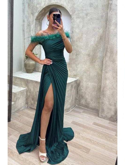 Wholesa A-Line Evening Gown High Split Dress Formal Fall Sweep / Brush Train Sleeveless Off Shoulder Satin with Feather Pleats Slit