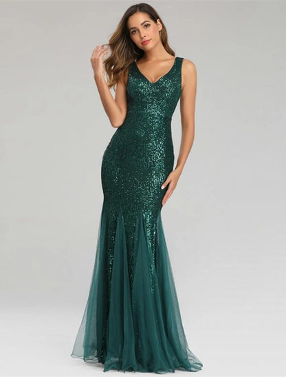 Wholesa  Mermaid / Trumpet Sparkle Sexy Party Wear Formal Evening Dress V Neck Sleeveless Floor Length Sequined with Sequin