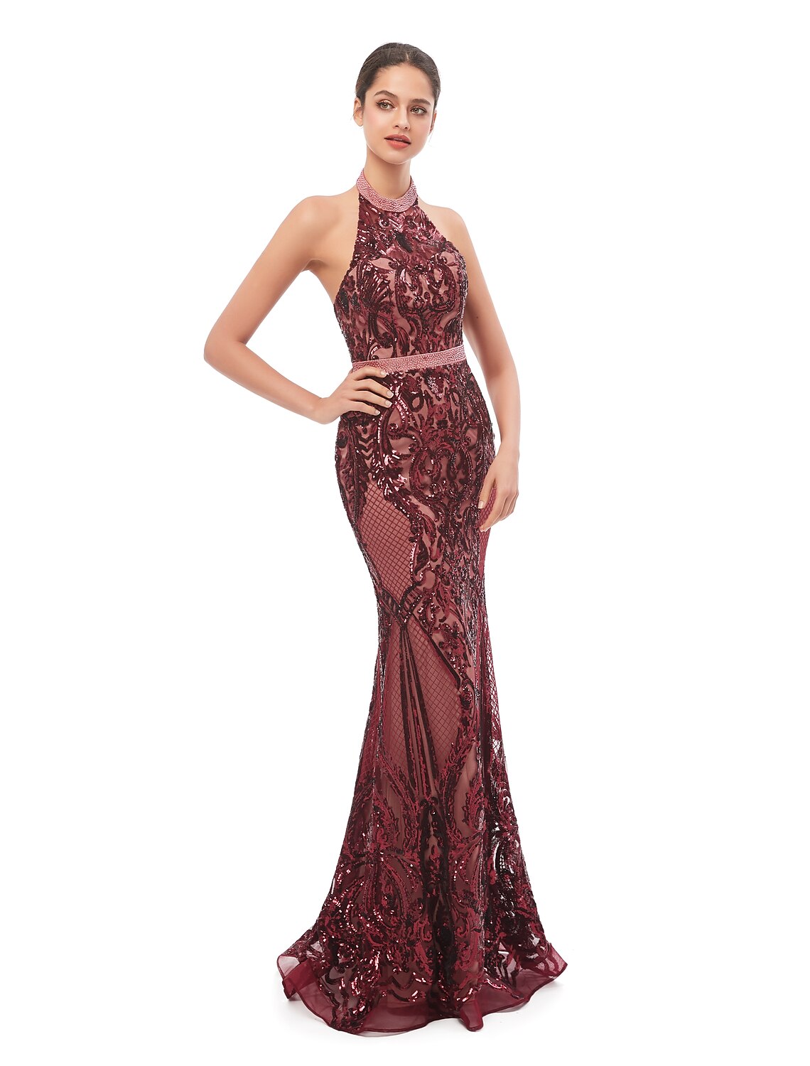 Wholesa Mermaid / Trumpet Evening Gown Beautiful Back Dress Prom Formal Evening Floor Length Sleeveless Halter Neck Sequined with Sequin