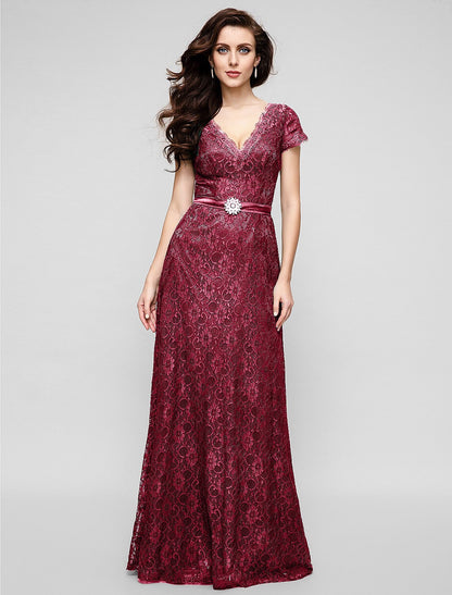 Wholesa A-Line Elegant Dress Holiday Cocktail Party Floor Length Short Sleeve V Neck All Over Lace with Crystal Brooch