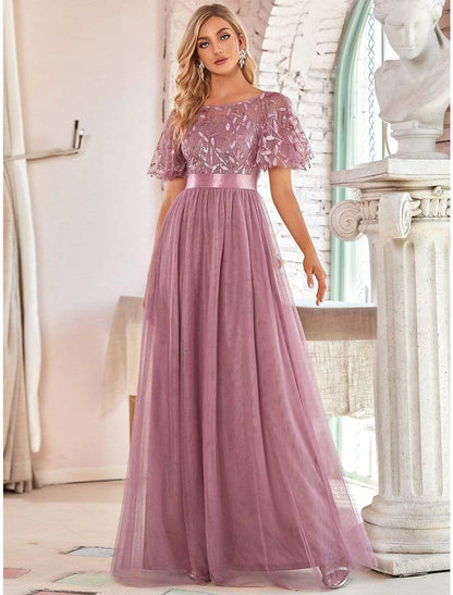 Wholesale A-Line Empire Elegant Party Wear Prom Dress Jewel Neck Short Sleeve Floor Length Tulle with Embroidery 2022 / Illusion Sleeve