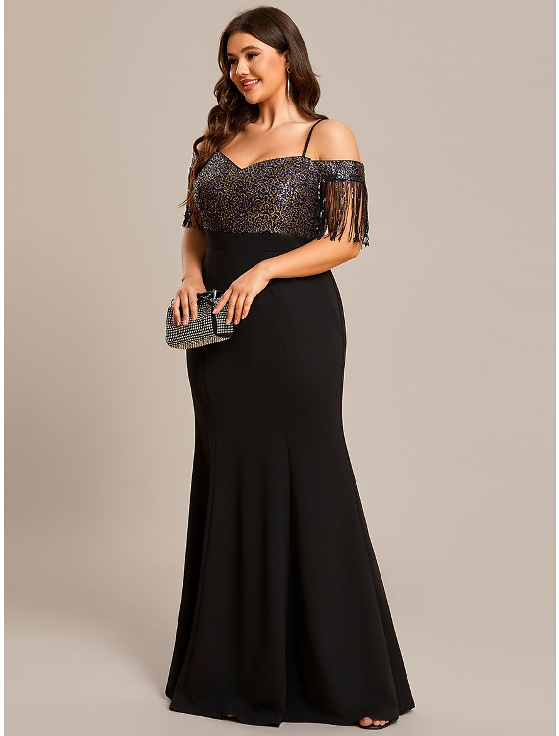 Wholesa Mermaid / Trumpet Wedding Guest Dresses Minimalist Dress Formal Black Tie Floor Length Short Sleeve Off Shoulder Stretch Fabric with Fringe Tassel