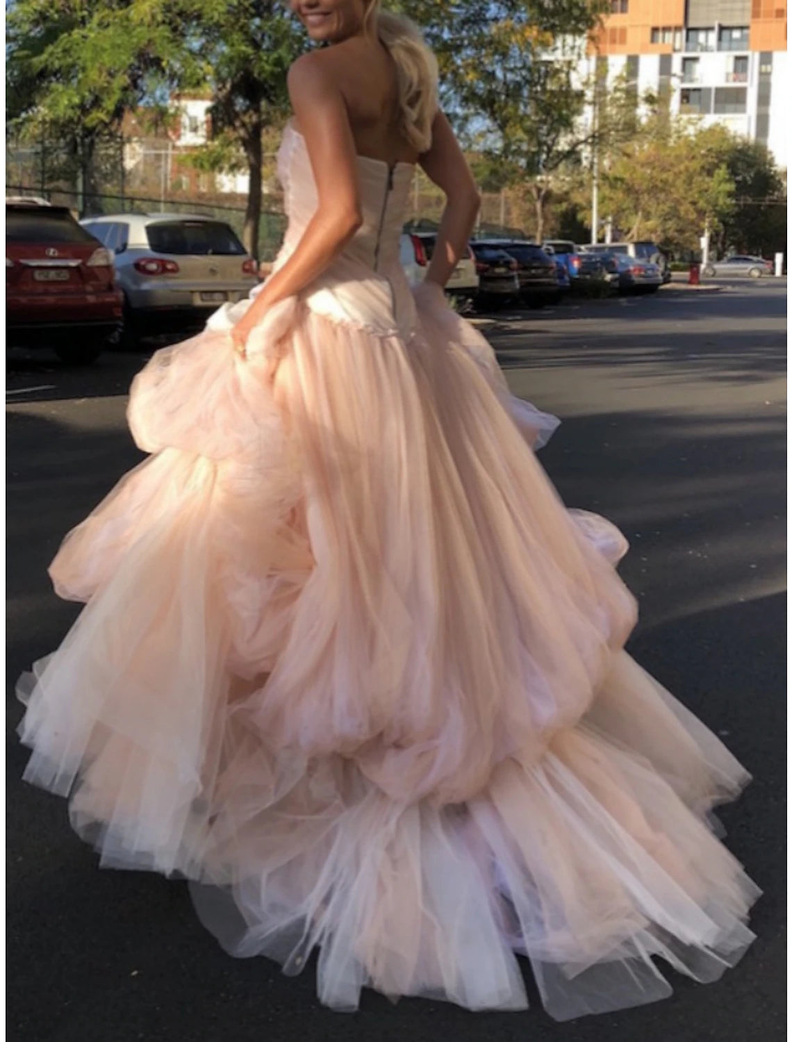 Wholesa A-Line Evening Gown Elegant Dress Formal Court Train Sleeveless Strapless Tulle with Pleats Ruched