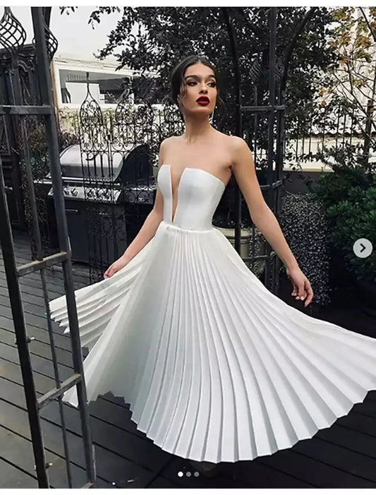 Wholesale Reception Little White Dresses Wedding Dresses A-Line Sweetheart Strapless Ankle Length Lace Bridal Gowns With Pleats Solid Color 2023 Summer Wedding Party