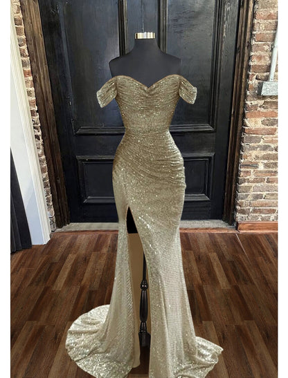 Wholesa  Mermaid / Trumpet Evening Gown Sparkle & Shine Dress Wedding Guest Prom Floor Length Sleeveless Cowl Neck Sequined with Ruched