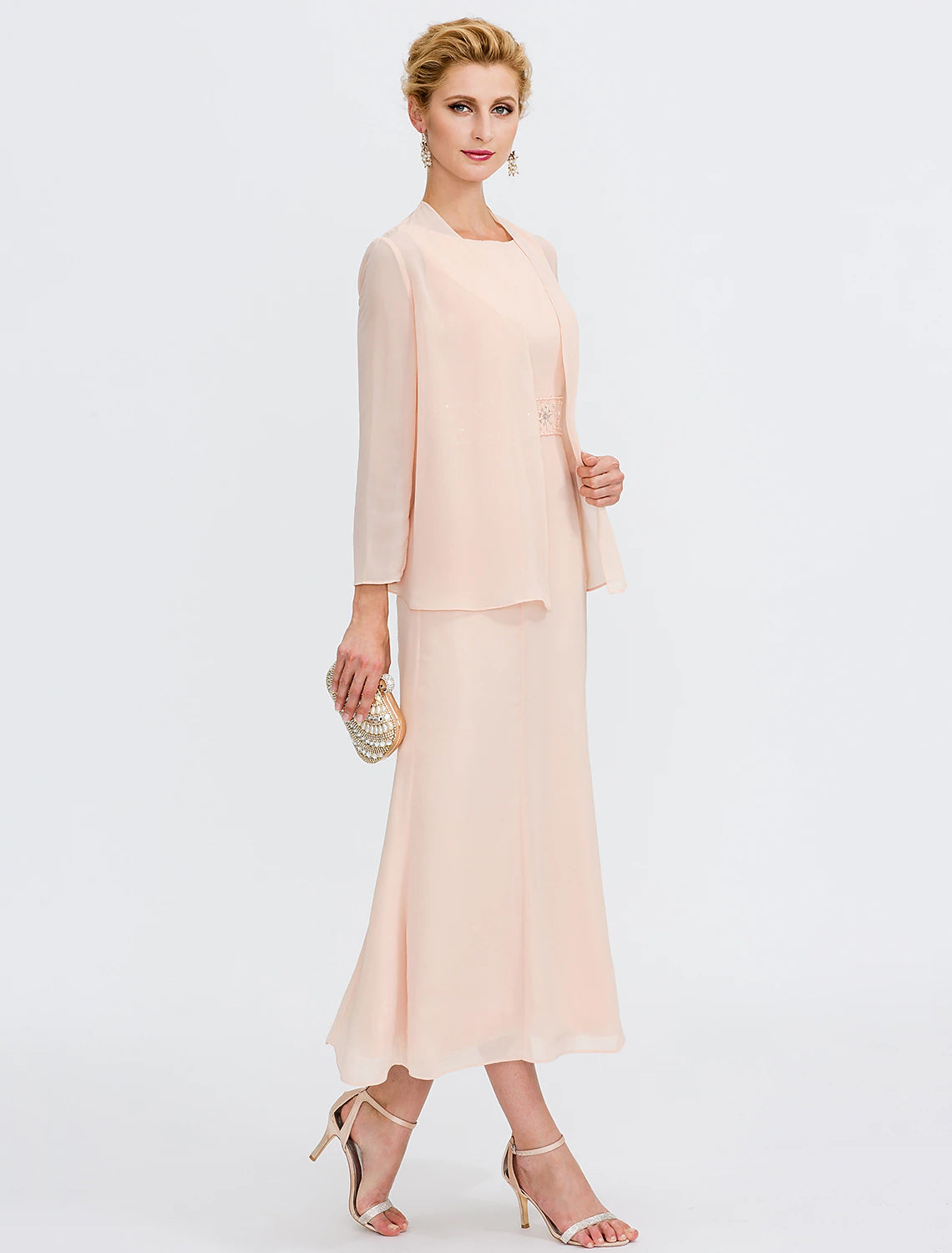 Wholesa  Two Piece Sheath / Column Mother of the Bride Dress Wedding Guest Plus Size Elegant with Jacket Long Sleeve Scoop Neck Tea Length Chiffon Sash / Ribbon Pleats Beadin