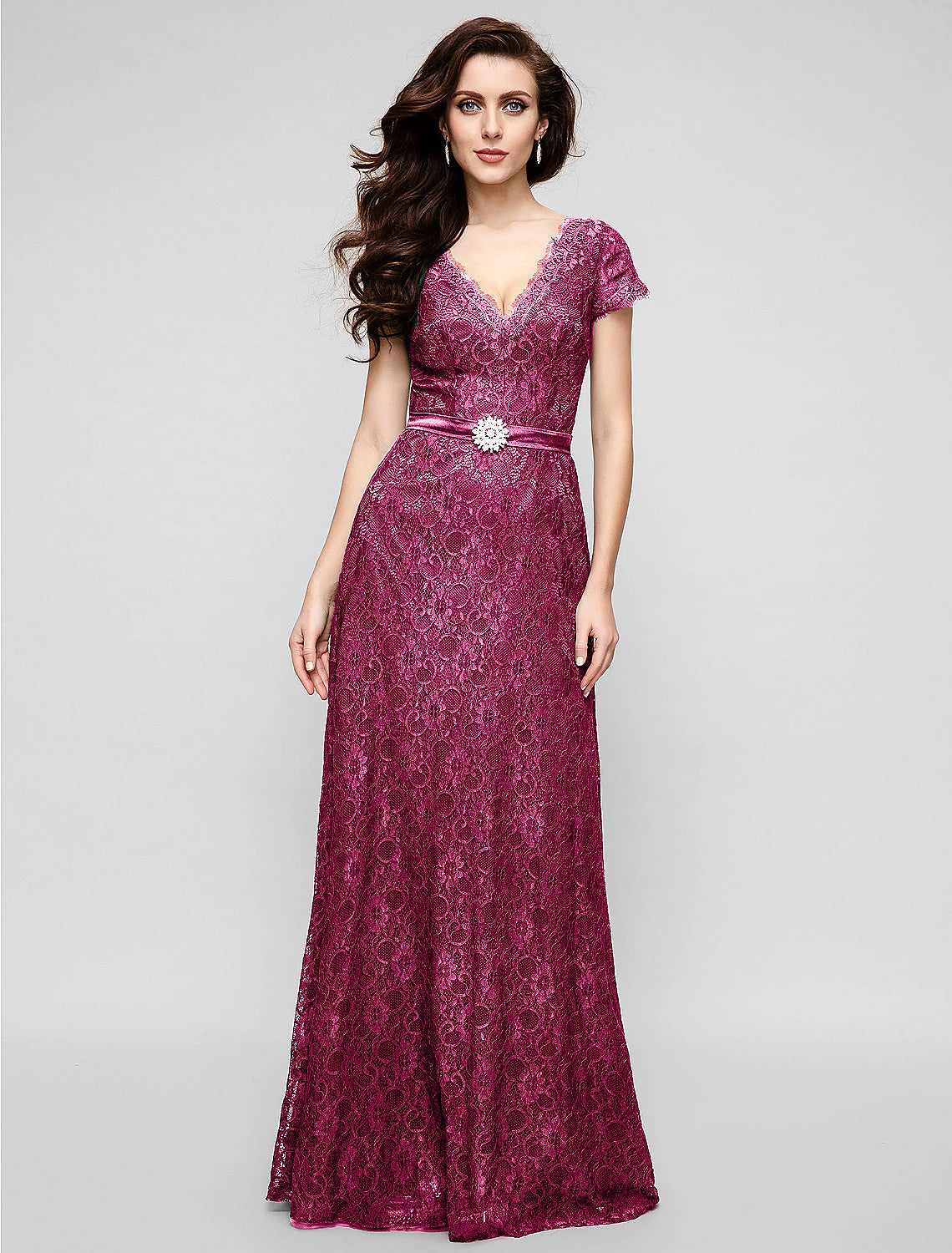 Wholesa A-Line Elegant Dress Holiday Cocktail Party Floor Length Short Sleeve V Neck All Over Lace with Crystal Brooch