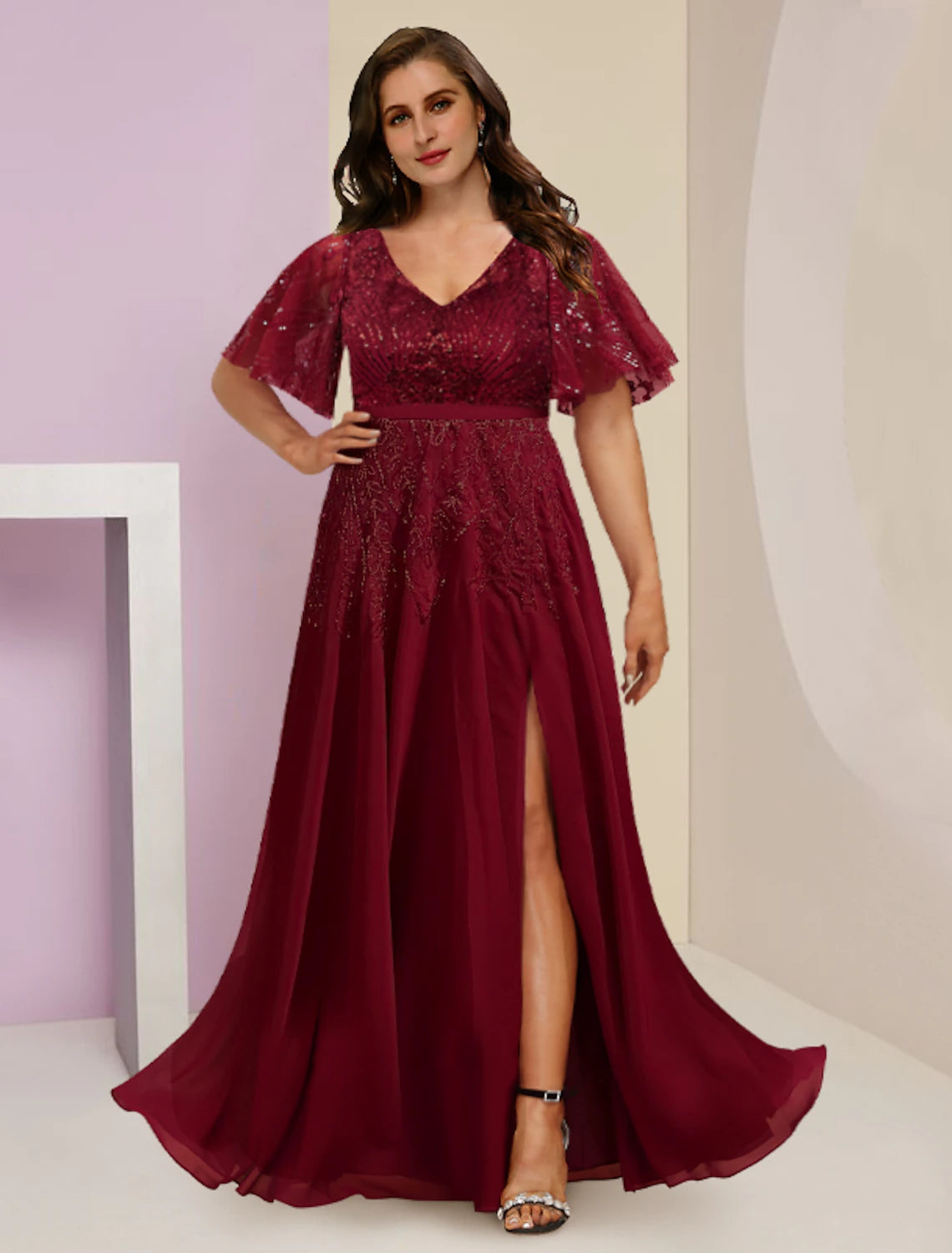 wholesale  Plus Size Curve Mother of the Bride Dress Wedding Guest Elegant Sparkle & Shine V Neck Floor Length Chiffon Lace Sequined Short Sleeve with Pleats Split Front