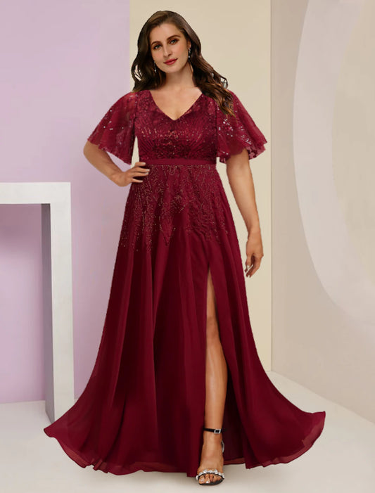 wholesale  Plus Size Curve Mother of the Bride Dress Wedding Guest Elegant Sparkle & Shine V Neck Floor Length Chiffon Lace Sequined Short Sleeve with Pleats Split Front