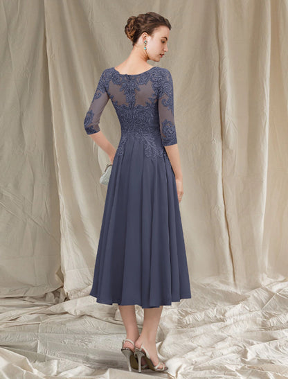 Wholesa  A-Line Mother of the Bride Dress Elegant Jewel Neck Tea Length Chiffon Lace Half Sleeve with Pleats Appliques