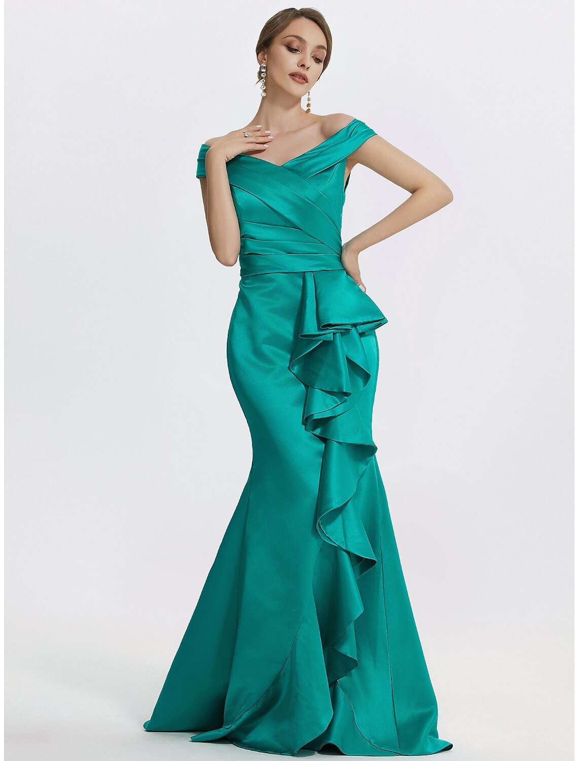 Wholesa  Sheath / Column Evening Gown Elegant Dress Formal Floor Length Sleeveless Off Shoulder Satin with Ruffles