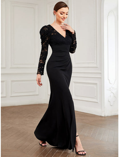 wholesale A-Line Evening Gown Vintage Dress Formal Floor Length Long Sleeve V Neck Lace with Pure Color