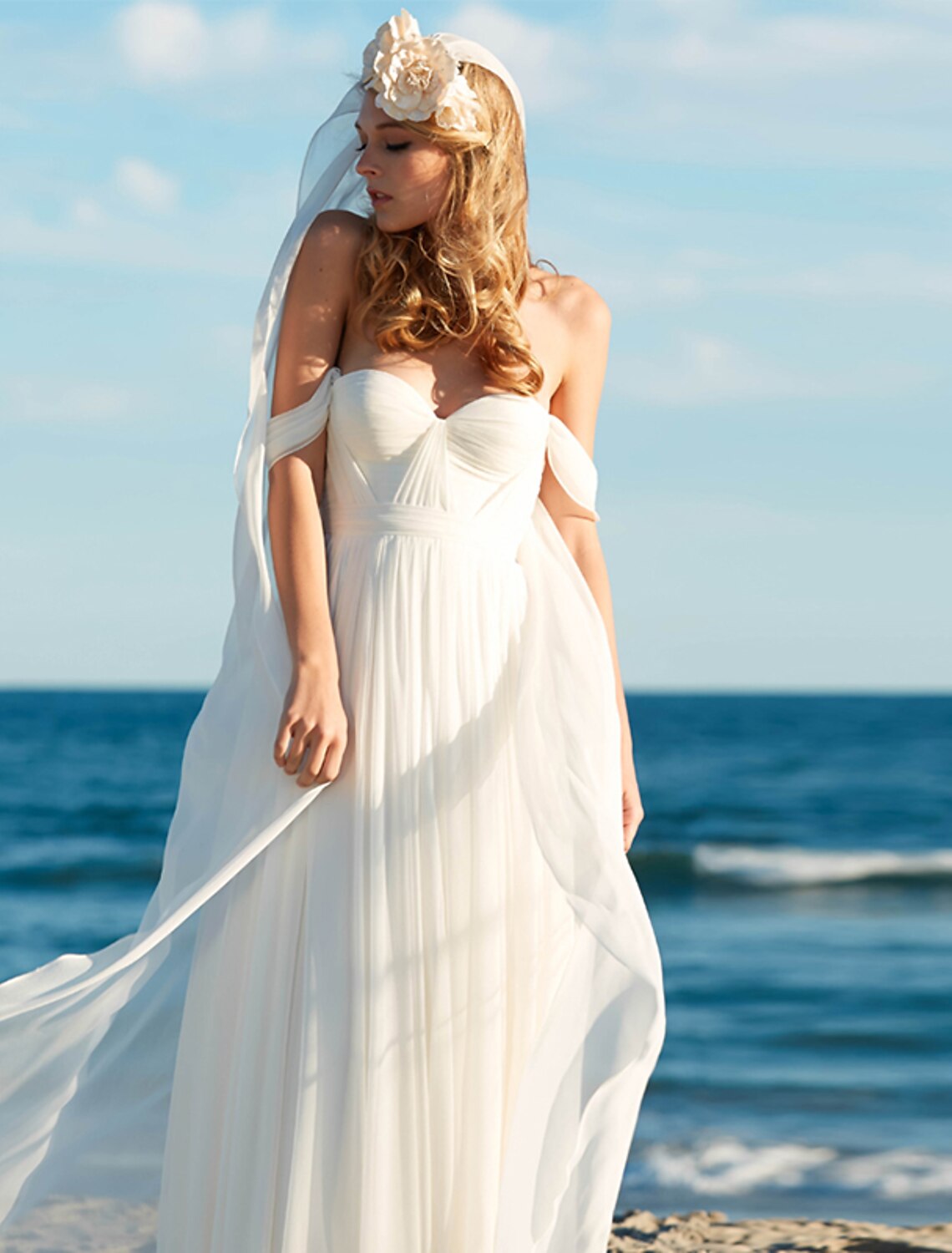 Wholesale Beach Sexy Boho Wedding Dresses A-Line Off Shoulder Cap Sleeve Floor Length Chiffon Bridal Gowns With Pleats Solid Color Summer Wedding Party