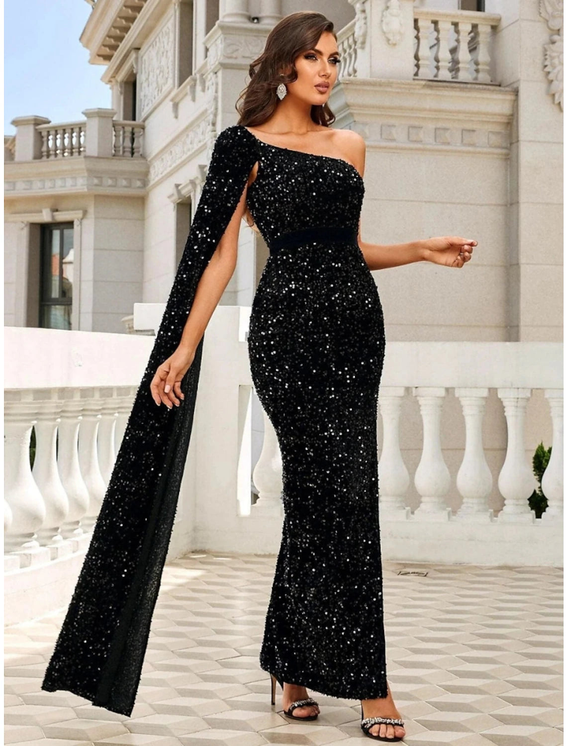 Wholesa  Mermaid / Trumpet Evening Gown Black Elegant Dress Formal Ankle Length Sleeveless One Shoulder Sequined with Glitter Slit