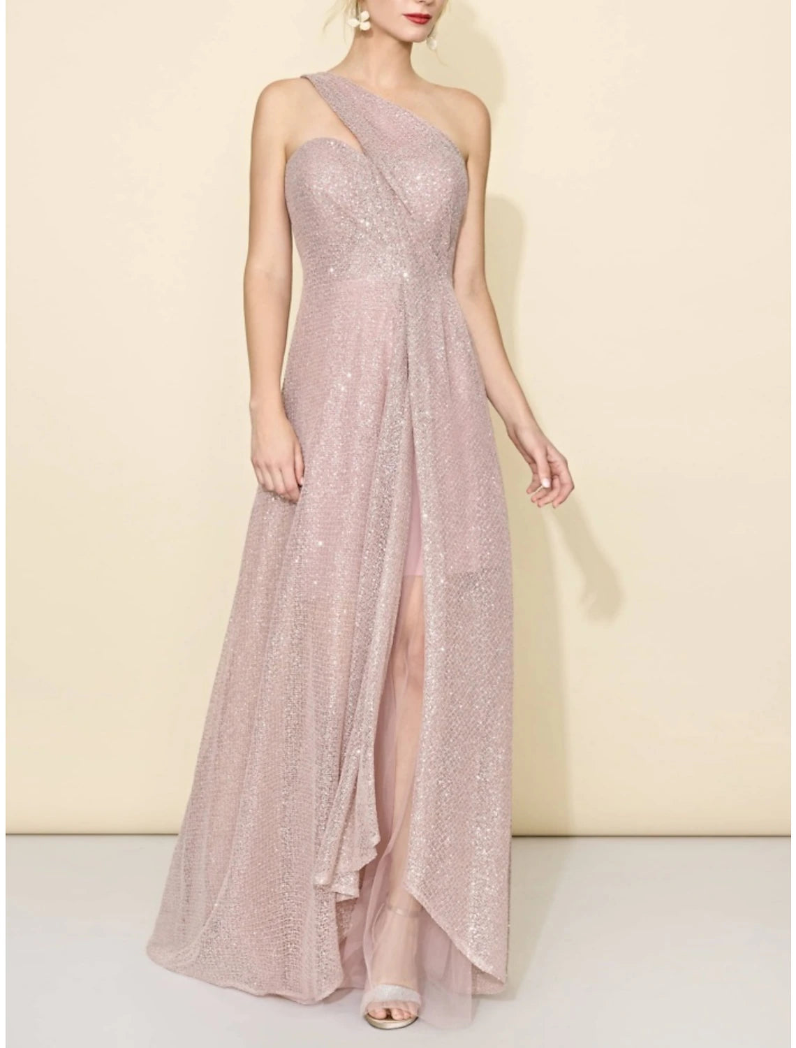 Wholesa A-Line Bridesmaid Dress One Shoulder Sleeveless Elegant Sweep / Brush Train Sequined with Split Front / Ruching