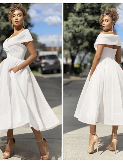 Wholesa A-Line Prom Dresses Vintage Dress Wedding Guest Summer Tea Length Sleeveless Off Shoulder Organza Backless with Ruched