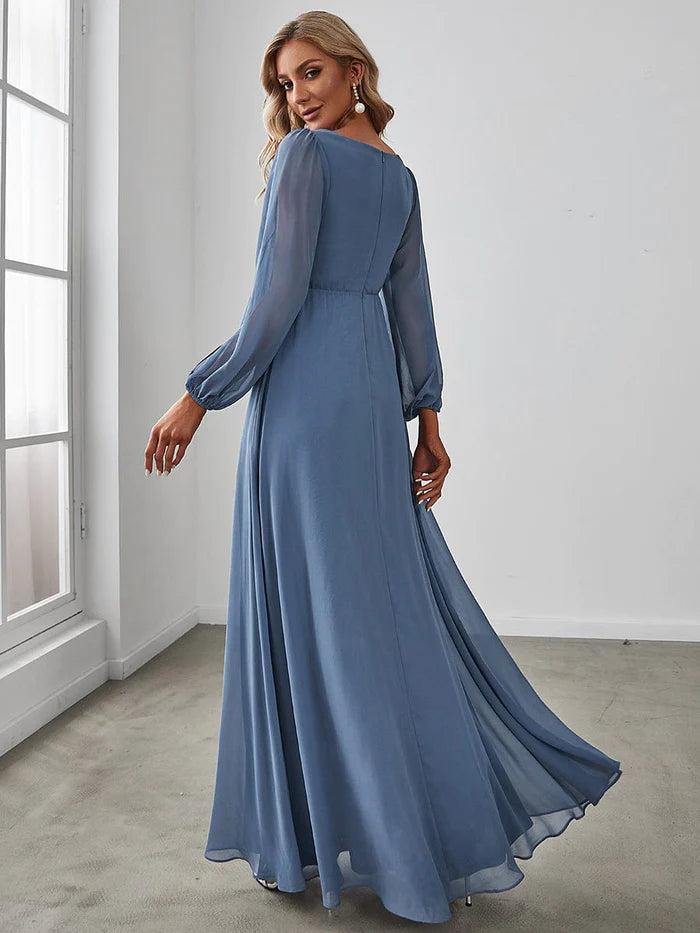 Wholesa Elegant Chiffon V-Neckline Long Sleeve Formal Evening Dress