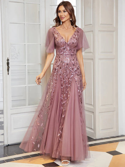 Wholesa Shimmery V Neck Ruffle Sleeves Sequin Maxi Long Evening Dress