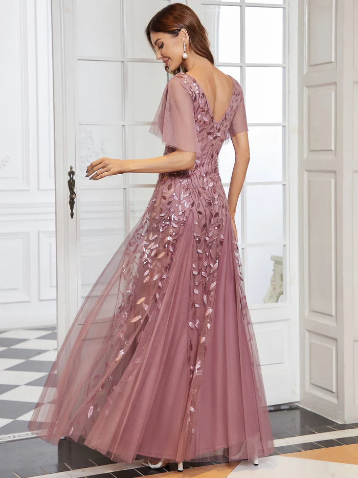 Wholesa Shimmery V Neck Ruffle Sleeves Sequin Maxi Long Evening Dress