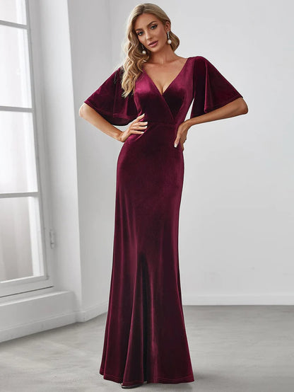 Wholesa Elegant Double V Neck Velvet Party Dress with Sleeves