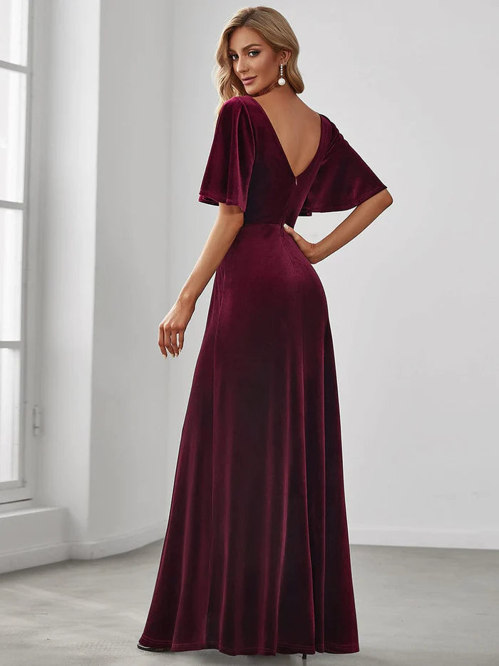 Wholesa Elegant Double V Neck Velvet Party Dress with Sleeves