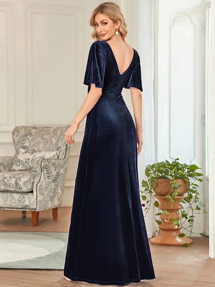 Wholesa Elegant Double V Neck Velvet Party Dress with Sleeves