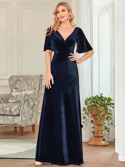 Wholesa Elegant Double V Neck Velvet Party Dress with Sleeves