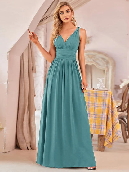 Wholesa Pleated Sleeveless V-Neck Chiffon Maxi Dress