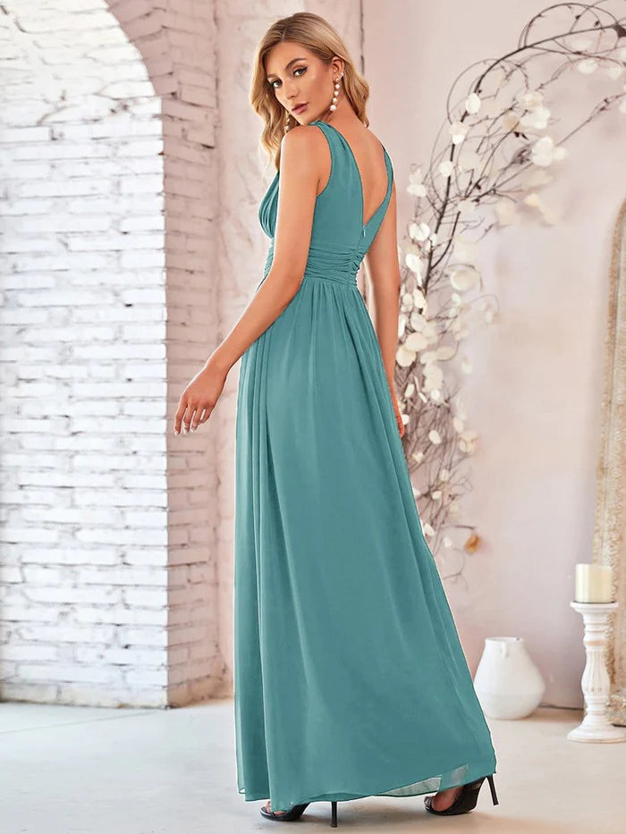 Wholesa Pleated Sleeveless V-Neck Chiffon Maxi Dress