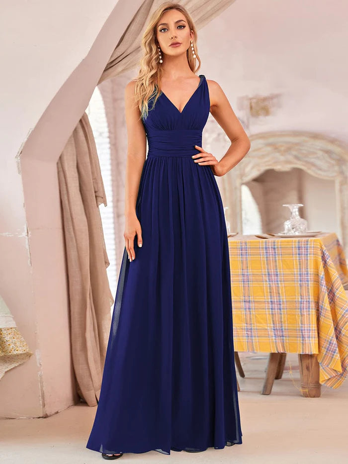 Wholesa Pleated Sleeveless V-Neck Chiffon Maxi Dress