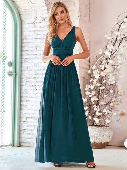 Wholesa Pleated Sleeveless V-Neck Chiffon Maxi Dress