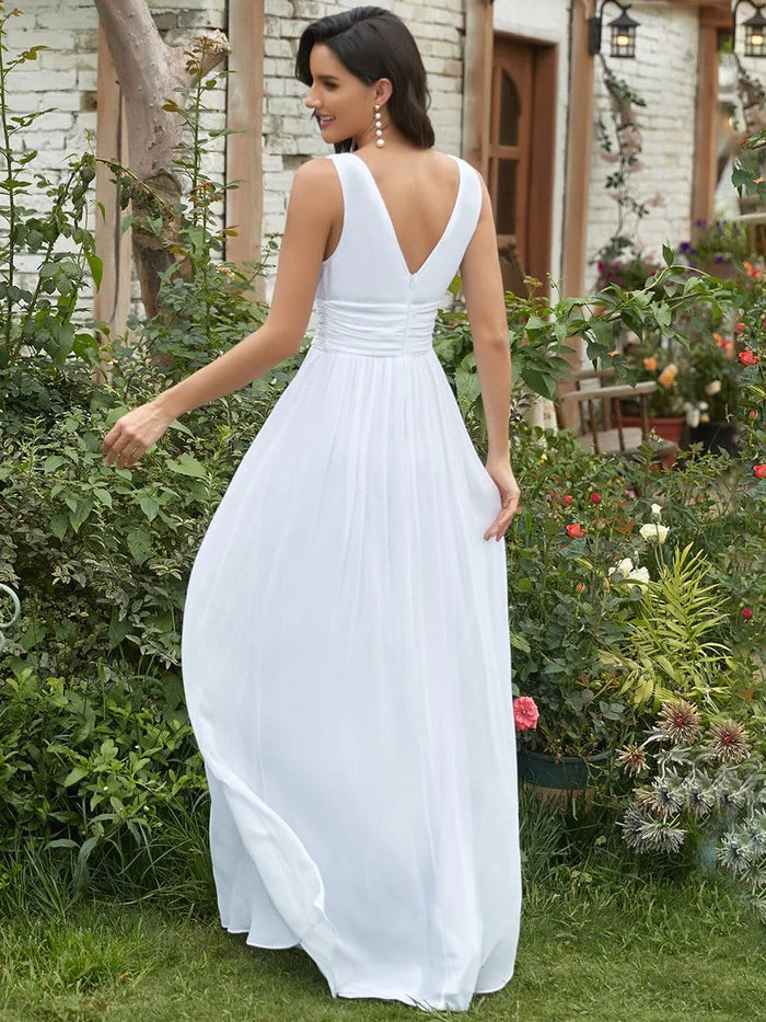 Wholesa Pleated Sleeveless V-Neck Chiffon Maxi Dress