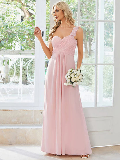 Wholesa Sweet Pleated Bodice One Shoulder Chiffon Bridesmaid Dress